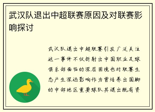 武汉队退出中超联赛原因及对联赛影响探讨